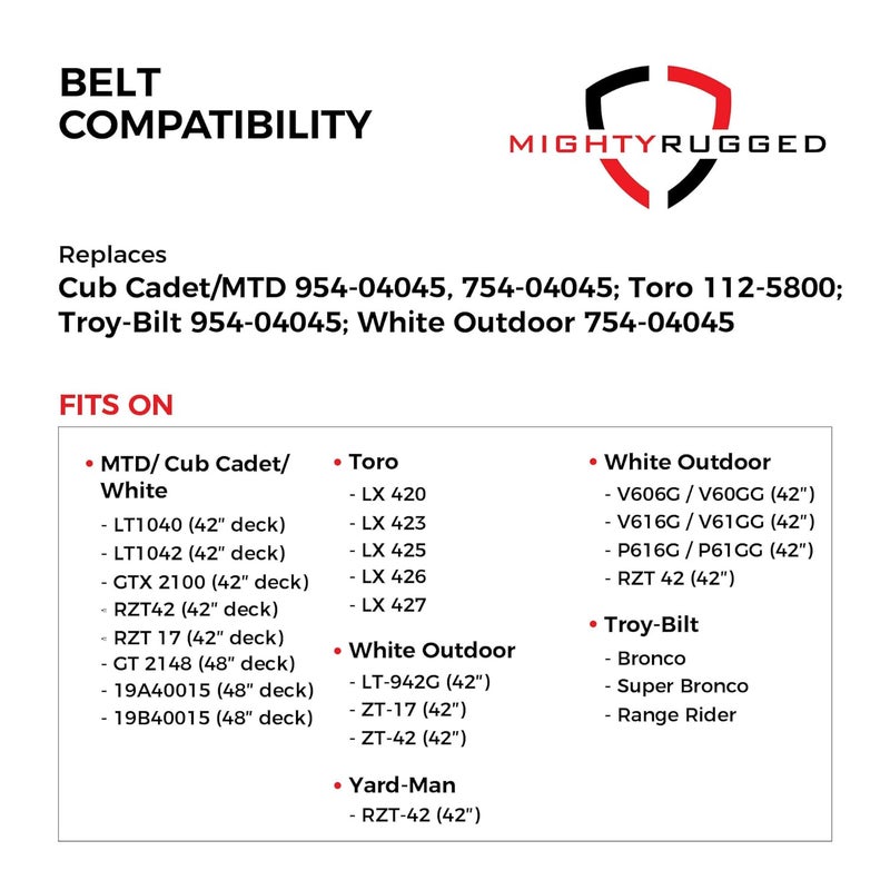MightyRugged 954-04045 Deck Belt Replacement, Length 109", Heavy-Duty Aramid Cord Belt Replaces 754-04045 for Cub Cadet LT1040 LT1042 RZT42, 112-5800 for Toro LX420 (23, 25, 26, 27), Troy Bilt Bronco Super Bronco - Image 3